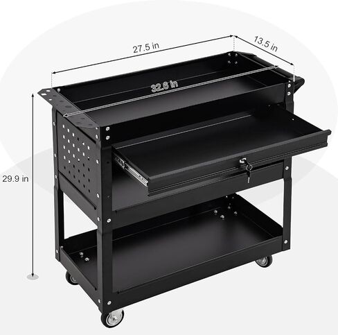 3-Tier Rolling Tool Cart with Drawers & Pegboard - Heavy Duty Utility Cart on Wheels, 440 LBS Capacity, Mechanic Work Cart for Garage, Warehouse (Black) in Saudi Arabia