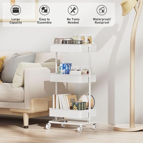 3 Tier Modern Metal Rolling Tool Cart with Silent Casters, 17.72×12.40×35.04 inch Heavy Duty Organization Truck Trolley Organizer for Office, Living Room, Kitchen, (White) in Saudi Arabia