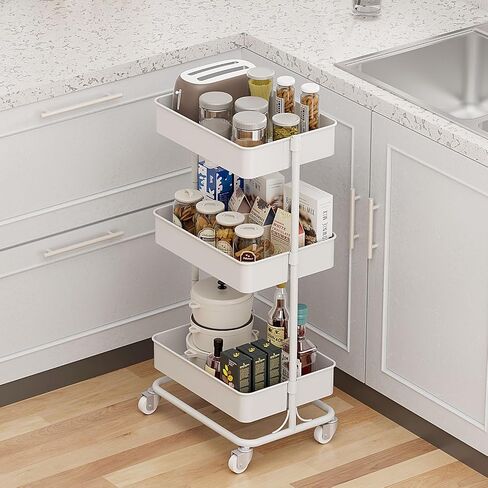 3 Tier Modern Metal Rolling Tool Cart with Silent Casters, 17.72×12.40×35.04 inch Heavy Duty Organization Truck Trolley Organizer for Office, Living Room, Kitchen, (White) in Saudi Arabia