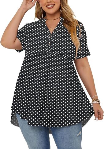 PLOKNRD ملابس علوية نسائية بمقاسات كبيرة وأكمام قصيرة ورقبة على شكل حرف V وأزرار علوية واسعة وتونك وبلوزات فضفاضة باللون الأحمر الخمري in Kuwait