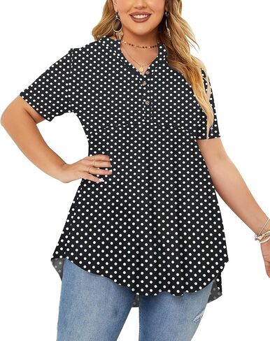 PLOKNRD ملابس علوية نسائية بمقاسات كبيرة وأكمام قصيرة ورقبة على شكل حرف V وأزرار علوية واسعة وتونك وبلوزات فضفاضة باللون الأحمر الخمري in Kuwait