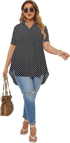 PLOKNRD ملابس علوية نسائية بمقاسات كبيرة وأكمام قصيرة ورقبة على شكل حرف V وأزرار علوية واسعة وتونك وبلوزات فضفاضة باللون الأحمر الخمري in Kuwait