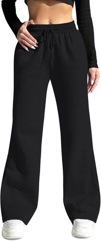 سراويل رياضية نسائية واسعة الساق من HeSaYep برباط وخصر مضلع وفضفاضة وبنطلون واسع وحاشية خام in Kuwait