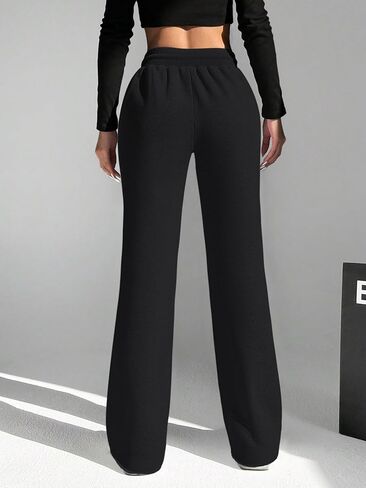 سراويل رياضية نسائية واسعة الساق من HeSaYep برباط وخصر مضلع وفضفاضة وبنطلون واسع وحاشية خام in Kuwait