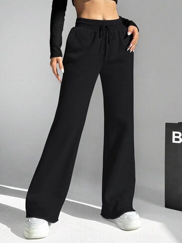 سراويل رياضية نسائية واسعة الساق من HeSaYep برباط وخصر مضلع وفضفاضة وبنطلون واسع وحاشية خام in Kuwait