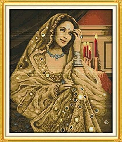 Cross Stitch Kits 11CT Stamped Patterns for Kids and Adults, DIY Preprinted Embroidery kit for Beginner, Beauty and Girl (Indian Beauty 2, Size 19''x22'') in Kuwait