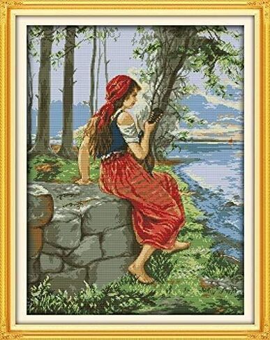 Cross Stitch Kits 11CT Stamped Patterns for Kids and Adults, DIY Preprinted Embroidery kit for Beginner, Beauty and Girl (Indian Beauty 2, Size 19''x22'') in Kuwait