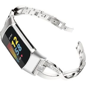 Compatible with Fitbit Charge 6/Charge 5 Band for Women, Slim Crystal Bling Glitter Diamond Rhinestones Jewelry Metal Bracelet Sport Wristband Replacement Band for Fitbit Charge 6/Charge 5