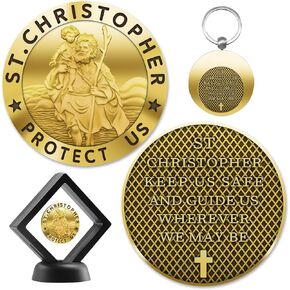 Saint Christopher Coin St Christopher Medal Religious Challenge Coin Bless Safety Gift with Lucky Coin Exquisite Display Stand and Coin Holder Keychain Storage (Brass Color)