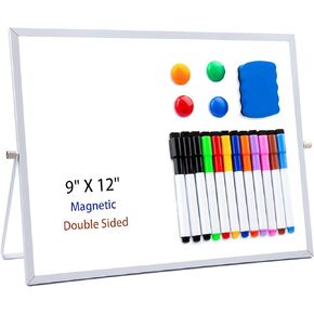Small Dry Erase White Board, Double-Sided Magnetic Whiteboard with Stand, Portable Mini Dry Erase Board for School Offices Home （12" x 16"