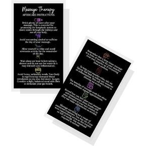 Massage Therapy Aftercare Instructions Cards | 50 Pack | Size 2x3.5" inch Business Card | Black with Chakra Colors Design