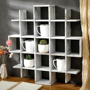 Suzile Farmhouse White Oversize Coffee Mug Display Rack Wooden Display Shelves Rustic Wooden Floating Curio Shelf Travel Mug Shelf Wall Mounted Coffee Mug Rack Holder Shadow Box Shelf (22 Slots)