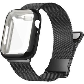 Metal Stainless Steel Bands Compatible with Apple Watch 38/40/41/42/44/45mm With Screen Protector Case,Magnetic Adjustable Strap for iWatch Series 9/8/7/6/5/4/SE/3/2/1 Women Men