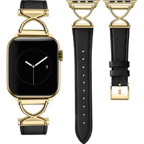 Band Compatible with Apple Watch Bands 41mm 40mm 38mm 44mm 45mm 42mm 49mm Women, Slim Thin Genuine Leather Classic Strap with X-Shape Metal for iWatch Bands Series 9 8 7 6 5 4 3 2 1 SE Ultra