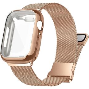 أحزمة معدنية من الفولاذ المقاوم للصدأ متوافقة مع ساعة Apple 38/40/41/42/44/45 ملم مع حافظة حماية للشاشة، حزام مغناطيسي قابل للتعديل لسلسلة iWatch 9/8/7/6/5/4/SE/3/2/1 للسيدات رجال