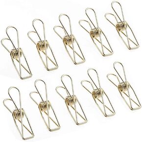 10 Pcs Gold Clothesline Utility Clips Metal Fishtail Paper Clips Hollow Stainless Steel Clamp Clips for Laundry, Home, Kitchen, Bag Sealing, Office