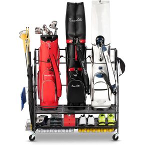 3 Golf Bag Storage Garage Organizer, Golf Bag Stand Fit for 3 Golf Bags, Golf Clubs, Golf Balls, Golf Equipment Accessories, Golf Bag Storage Rack with Wheels for Garage, Club, Shed, Basement