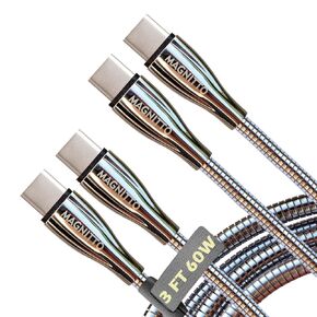 USB-C to USB C Fast Charger Cable 60W 3ft 2-Pack, Metal Braided Wire, Nickel Plated Type C Connectors, Tangle Free USBC Charging Cords, Pets Chewing Proof, Metal Cord Protector