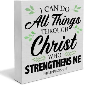 ملهمة الكتاب المقدس الآية صندوق خشبي علامة ديكور مكتب المسيحية، ريفي فيليبي 4:13 الكتاب المقدس الخشب كتلة علامة مكتب المنزل الدينية سطح الطاولة الجرف مكتب الديكور، 5 × 5 بوصة in Kuwait