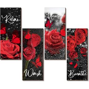 Tatuo Set of 4 Red Rose Bathroom Wall Decor Wooden Rose Bathroom Wall Art Breathe Wash Unwind Relax Living Room Signs Farmhouse Floral Rustic Wooden Plaque for Home Bedroom Decorations, 11 x 4 Inch