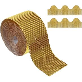 PATIKIL 3.9inch x 49.2ft Bulletin Board Border, Scalloped Trim Paper Corrugated Paper for Locker Classroom Decor Black White Cork Poster Boards, Gold