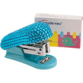 Fashion Premium Handmade Crystal Stapler,Bling Mini Stapler,Rhinestone Portable Stapler for Women(Lake Blue)