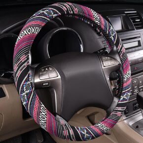 CAR PASS Flax Cloth Pretty Ethnic Style Universal Fit Steering Wheel Cover, Fit for Suvs,Sedans,Cars,Trucks (Black and White)