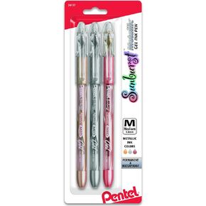 Pentel Sunburst Metallic Gel Pen, Medium Line, Permanent, Gold, Silver, Bronze Ink Pack of 3 (K908MRBP3M)