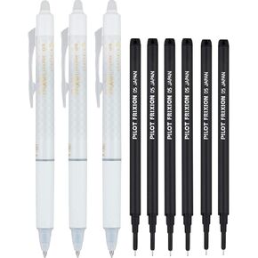 Pilot Frixion Erasable Pens 0.5 Ball Clicker Gel Ink Retractable Pen - Extra Fine Point - White Barrel - Black Ink - Pack Of 3 Pens And 2 Refills