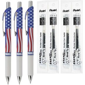 Pentel EnerGel Deluxe RTX Liquid Gel Ink Pen Set Kit, Stars & Stripes, Pack of 3 with 4 Refills (Black - 0.7mm)