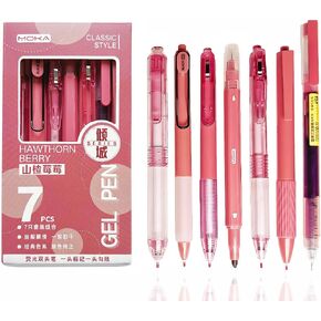 Pink Gel Pens, 6Pcs Cute Pens Gel Ink Pens Retractable Pens and 1Pcs Highlighter 0.5mm Fine Point Black Ink Kawaii Pen Pink Office Supplies School Supplies Aesthetic Supplies Pens Gifts