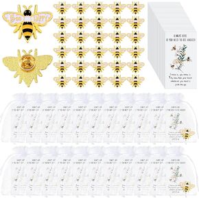 Fumete 50 Sets Bee Pins Bulk Inspirational Gifts for Coworker Bee Brooches Party Favors Drop Lapel Pins with Hugged Cards Organza Gift Bags for Staff Teams Party Supplies