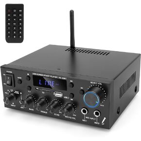 Bluetooth Amplifier HiFi Stereo 2.0 2X60W Max 2X600W Audio Power Amplifier Bass and Treble Control Echo Microphone for PC Home Theater Speakers 12V