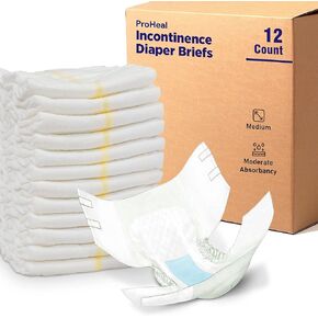 Medium Adult Diapers 12 Pack - Moderate Absorbency Incontinence Briefs with Moisture and Odor Lock - Mat Style Secure Fit, Elastic Gathers and Refastenable Tabs - for Men and Women