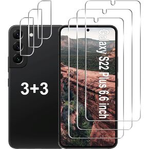 [3+3 Pack] Galaxy S22 Plus Screen Protector + Camera Lens Protector, 9H Tempered Glass, Fingerprint Unlock, Anti Scratch Easy Installation HD Glass Screen Protector for Samsung Galaxy S22 Plus/S22+ 5G
