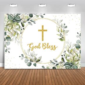 Mocsicka Greenery Baptism Backdrop Green and Gold God Bless Background First Holy Communion Christening Party Cake Table Decoration Banner Photo Booth Props (7x5ft)
