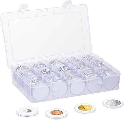 100 PCS 46mm Coin Capsules, Coins Collector Case Holder with Foam Gasket and Plastic Storage Organizer Box, Clear Plastic Coin Capsules 8 Sizes (17/20/25/27/30/32/38/46mm) in Kuwait