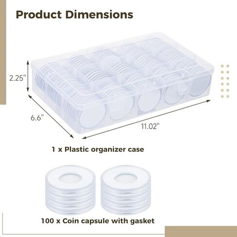 100 PCS 46mm Coin Capsules, Coins Collector Case Holder with Foam Gasket and Plastic Storage Organizer Box, Clear Plastic Coin Capsules 8 Sizes (17/20/25/27/30/32/38/46mm) in Kuwait
