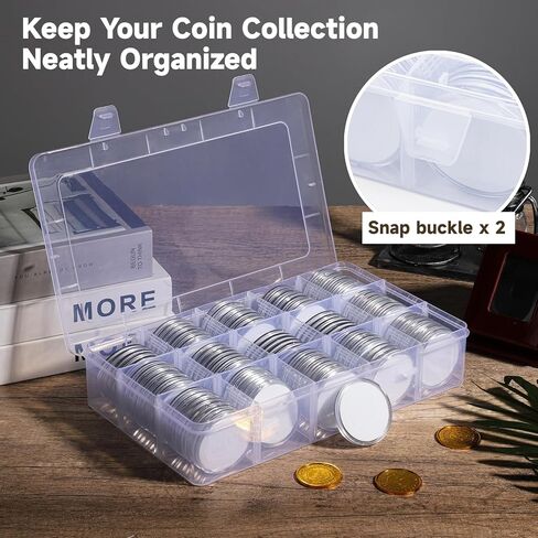 100 PCS 46mm Coin Capsules, Coins Collector Case Holder with Foam Gasket and Plastic Storage Organizer Box, Clear Plastic Coin Capsules 8 Sizes (17/20/25/27/30/32/38/46mm) in Kuwait