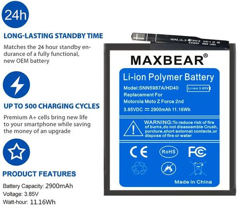 بطارية MAXBEAR Moto Z2 Force، (بطارية ليثيوم بوليمر بديلة HD40 مطورة بقدرة 2900 مللي أمبير في الساعة لجهاز Moto Z2 Force XT1789 SN5987A مع أدوات طقم مفك البراغي in Kuwait