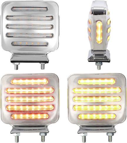 Partsam 2Pcs Flat Line Chrome Double Face Square Led Turn Signal Lights Amber/Red, Flat-line Square Led Pedestal Lights Semi Trucks Fender Mount Stop Turn Tail Lights Clear Lens, Double Post Mount in Saudi Arabia