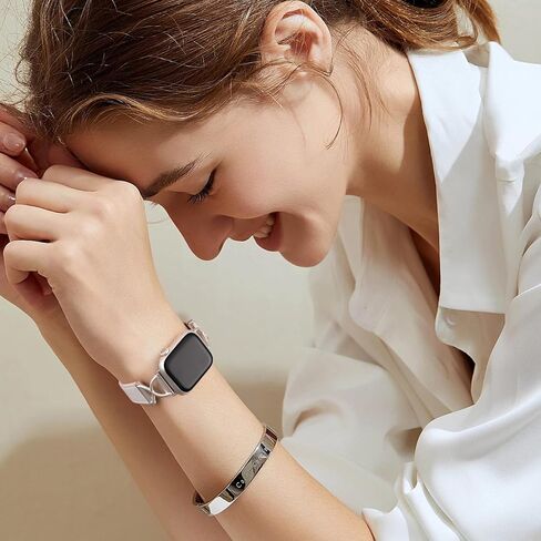 Band Compatible with Apple Watch Bands 41mm 40mm 38mm 44mm 45mm 42mm 49mm Women, Slim Thin Genuine Leather Classic Strap with X-Shape Metal for iWatch Bands Series 9 8 7 6 5 4 3 2 1 SE Ultra in Kuwait