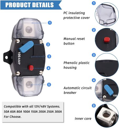 KEDAKEJI 12-48 فولت DC 300A إعادة تعيين يدوي لقاطع الدائرة، 0-8 مقياس التصيد محرك السيارات ستيريو الصوت مضمنة الصمامات كتلة حاملي العاكس للسيارات RV البحرية قارب (300Amp) in Kuwait