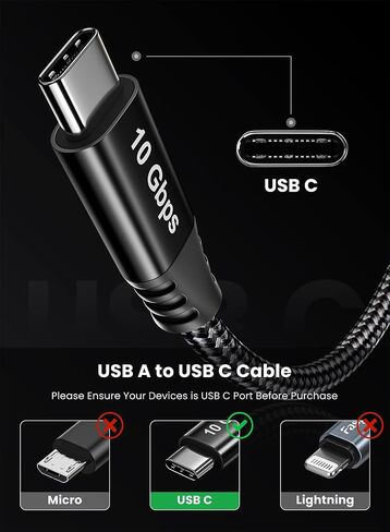 Fasgear USB C Cable 4.9ft - USB A to Type C 3.2 Gen 2 Cord Braided 10Gbps Android Auto Type C Data Cable 3A Fast Charge Compatible for USB-C Portable SSD Galaxy S23 PS5 Controller Switch (1.5m, Grey) in Saudi Arabia