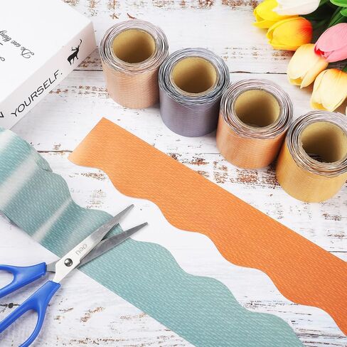 196.8 Ft Colorful Classroom Borders Boho Bulletin Board Trims Scalloped Bulletin Board Stickers Bulletin Board Decorations for Classroom Office Wall Chalkboard Decor (Vintage) in Saudi Arabia
