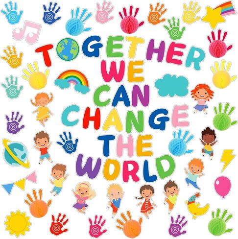 80 Pcs Classroom Bulletin Board Sets Together We Can Change The World Diverse Children Cutouts Honeycomb Bulletin Board Decorations with Glue Points for School Classroom Birthday Party in Saudi Arabia