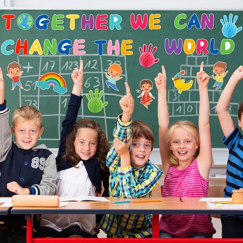 80 Pcs Classroom Bulletin Board Sets Together We Can Change The World Diverse Children Cutouts Honeycomb Bulletin Board Decorations with Glue Points for School Classroom Birthday Party in Saudi Arabia