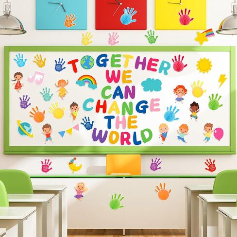 80 Pcs Classroom Bulletin Board Sets Together We Can Change The World Diverse Children Cutouts Honeycomb Bulletin Board Decorations with Glue Points for School Classroom Birthday Party in Saudi Arabia