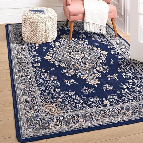 HOMORE 5x7 Area Rugs, Blue Washable Rugs for Living Room, Non Slip Vintage Rug Faux Wool Floral Rug for Bedroom Dining Room, Soft Thin Carpet Rug for Farmhouse Kids Room Dorm Decor in Saudi Arabia