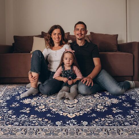 HOMORE 5x7 Area Rugs, Blue Washable Rugs for Living Room, Non Slip Vintage Rug Faux Wool Floral Rug for Bedroom Dining Room, Soft Thin Carpet Rug for Farmhouse Kids Room Dorm Decor in Saudi Arabia